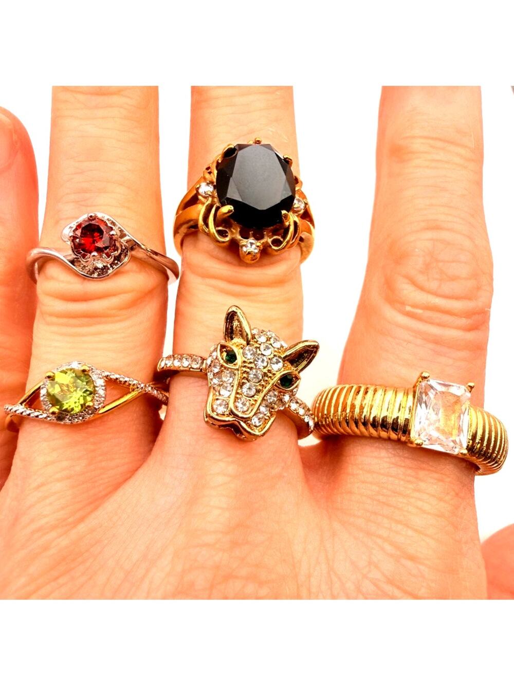 Lot of 5 Vintage 10k Gold Plated CZ Cocktail Rings Panther Peridot Black Onyx